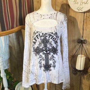 Affliction Women's Distressed White and Black Cross Long Sleeve Top